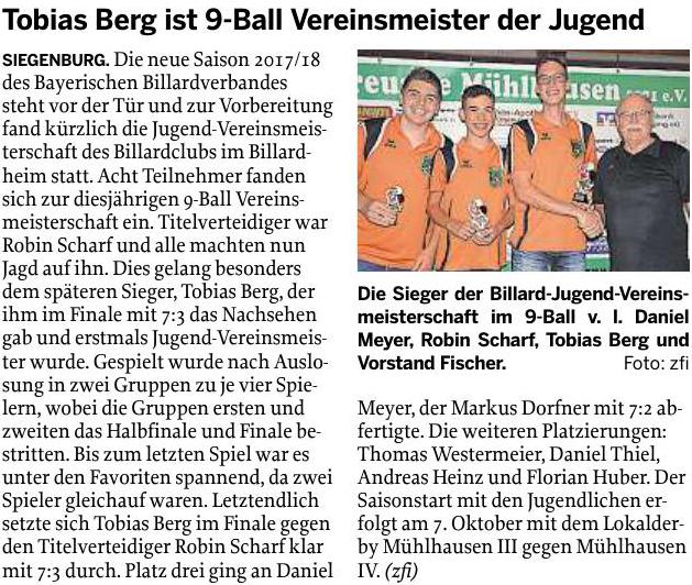 21.09.2017 Tobias Berg 9 Ball Jugend VM