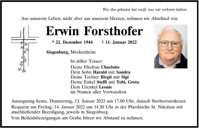 Todesanzeige Forsthofer Erwin